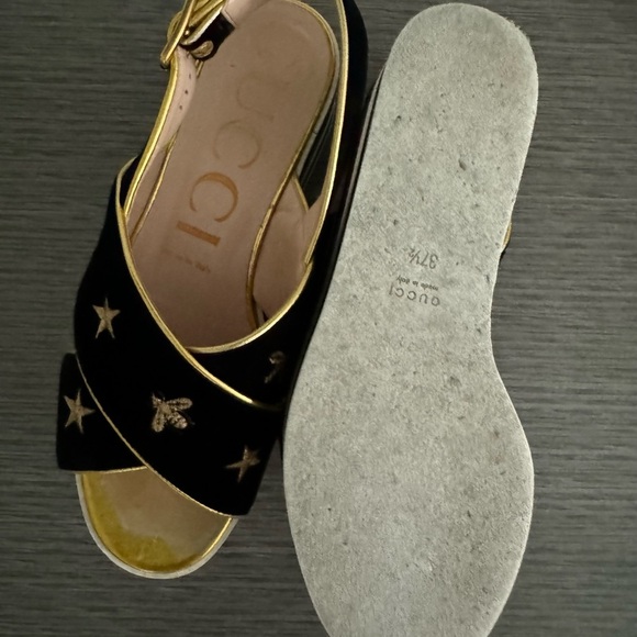 Gucci Bee Embroidered Criss Cross Platform Sandals Black Size 37 1/2 - Picture 11 of 14